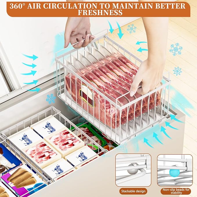 Large Freezer Organizer Bins, Upgrade One-Touch Open/Close, 3 Pack Big Stackable Deep Freezer Organizer Bins, White Wire Foldable Baskets with Handles, for 5 to 7 Cu.FT Deep Freezer Sort Frozen Meats