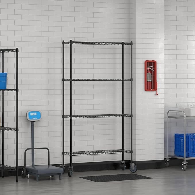 Commercial NSF Listed Black Epoxy Mobile Wire Shelving Kit 12" x 42" x 80", with 4 Shelves Perfect for Warehouse, Walk-in Refrigerator, Freezer, Grocery Store, Restaurant, Dishroom