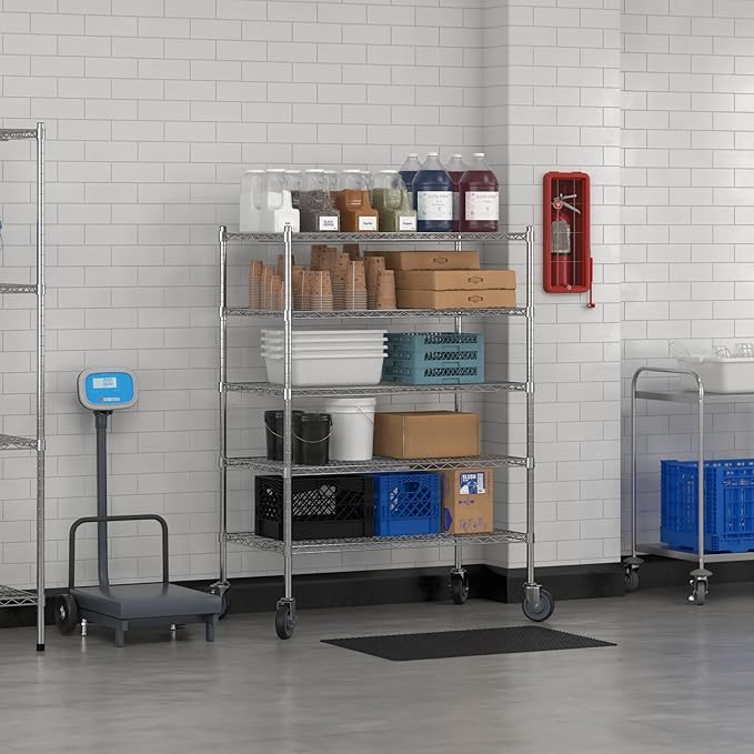 Commercial NSF Listed Chrome Mobile Wire Shelving Kit 24" x 42" x 60", with 5 Shelves Perfect for Warehouse, Walk-in Refrigerator, Freezer, Grocery Store, Restaurant, Dishroom