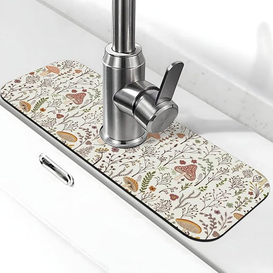 Cute Mushroom Wild Plant Kitchen Sink Splash Guard Faucet Mat 1 Pcs, Absorbent Fast Drying Mat Gadgets Splash Guard For Bathroom 15 X 5.5 Inches