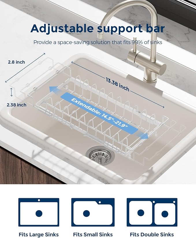 Nacial Small Dish Drying Rack with Utensil Holder, Expandable Dish Rack Over Sink with Auto-Drain Tray, Compact Dish Drainer for Kitchen Counter, Stainless Steel Dish Rack Fits 14''–21.8'' Sink, White