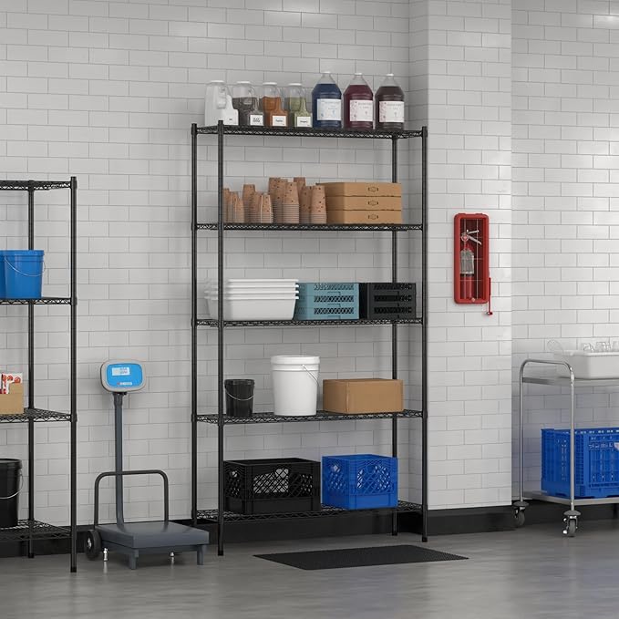Commercial NSF Listed Black Epoxy Stationary Wire Shelving Kit 14" x 48" x 86", with 5 Shelves Perfect for Warehouse, Walk-in Refrigerator, Freezer, Grocery Store, Restaurant, Dishroom