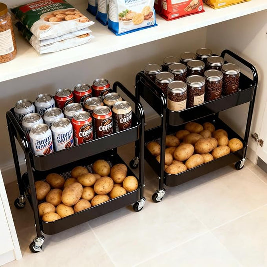 2 Pack Pantry Cart 2 Tier Small Rolling Cart with Wheels for Under Desk Storage, Short Rolling Utility Cart Large Basket Metal Kitchen Shelf with Mesh Laundry Room Organizer Side Table, Black