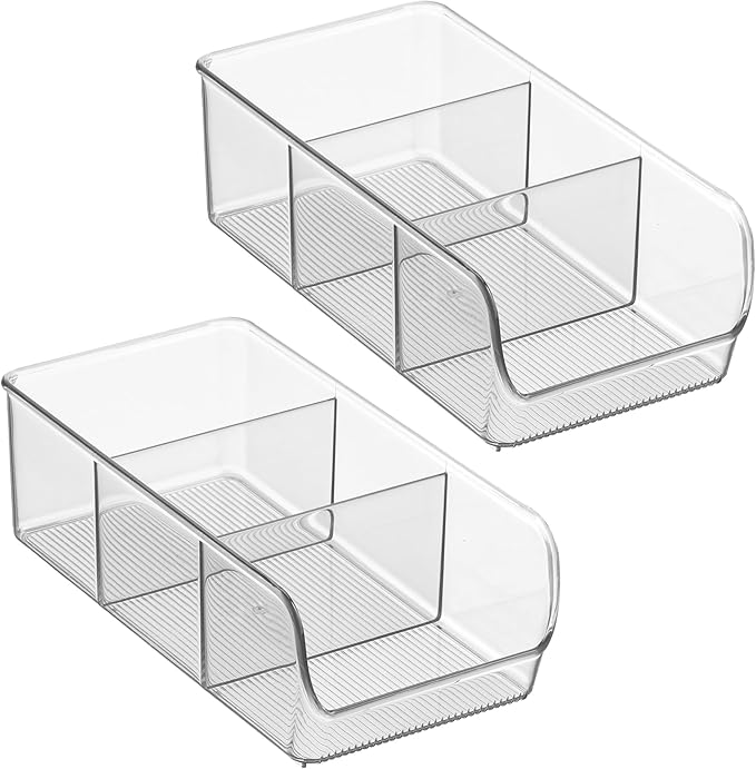 iDesign Stackable 3-Section Divided Storage Bin for Pantry, Fridge, or Cabinet - Set of 2 - Clear