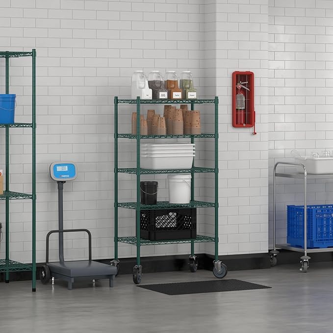 Commercial NSF Listed Green Epoxy Mobile Wire Shelving Kit 18" x 30" x 60", with 5 Shelves Perfect for Warehouse, Walk-in Refrigerator, Freezer, Grocery Store, Restaurant, Dishroom