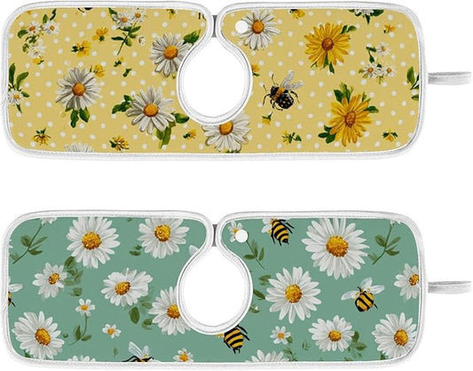 2 PCS Kitchen Sink Splash Guard 14.9 Inch Faucet Mat for Kitchen Sink Bathroom Sink Faucet Absorbing Drip Drain Mat Pad Microfiber Soft Washable Yellow and Green Daisy Bees