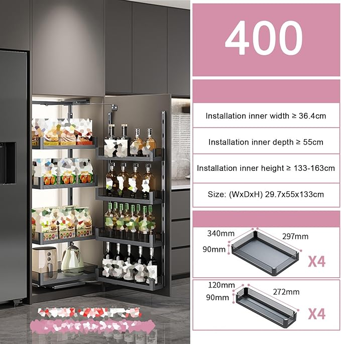WIGING 4-Tier Narrow Cabinet Pull-Out Basket, High Cabinet Pull-Out Storage Rack with Adjustable Dividers for Kitchen Bathroom Pantry, Single-Layer Load Capacity: 15kg(29.7x55x133cm)