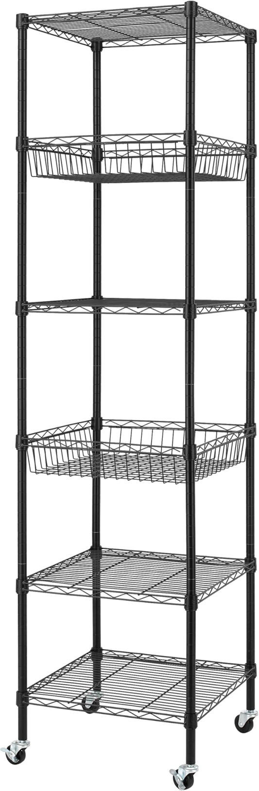 Finnhomy Heavy Duty 6 Tier Wire Shelving Unit with Wheels 18x18x72-inches 6 Shelves Metal Storage Rack Thicken Steel Tube, Adjustable Shelving Rack for Kitchen Bathroom Office, NSF Certified, Black