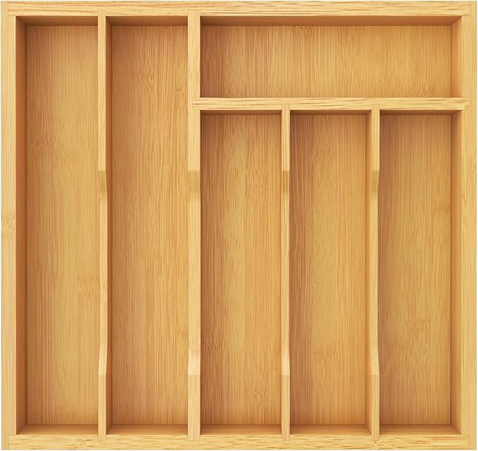 Lifewit Silverware Drawer Organizer Tray, Bamboo Cutlery Storage for Kitchen Drawer, 6 Compartment Flatware and Utensil Holder Divider for Spoons Forks Knives Tableware, Natural