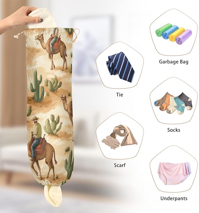 Plastic Bag Holder Wall Mount Grocery Bag Shopping Bag Storage Holder Organizer Dispenser with Adhesive Hook,for Kitchen Bathroom Home Decor 9x22 Inches Western Cowboys Camels Cacti39