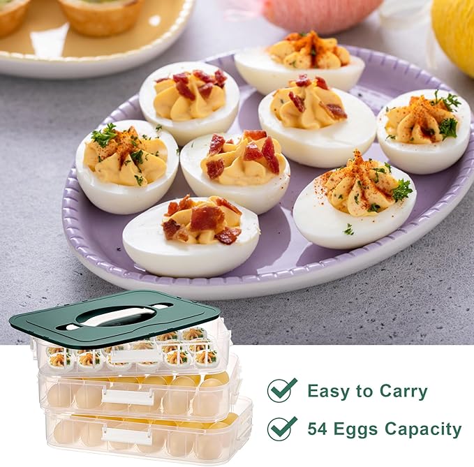 BTSKY Deviled Egg Platter with Lid, 3-Layer 54 Slots Deviled Eggs Carrier, Clear Portable Egg Holder for Fridge Reusable Deviled Eggs Tray Carton Box for Easter and Party Favor (3-Layer, Green)