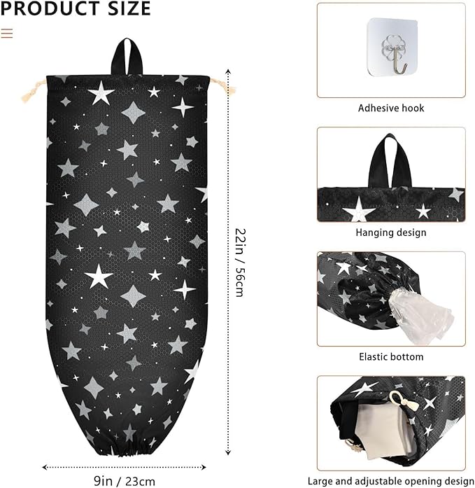 Plastic Bag Holder Wall Mount Grocery Bag Shopping Bag Storage Holder Organizer Dispenser with Adhesive Hook,for Kitchen Bathroom Home Decor 9x22inches Black Stars