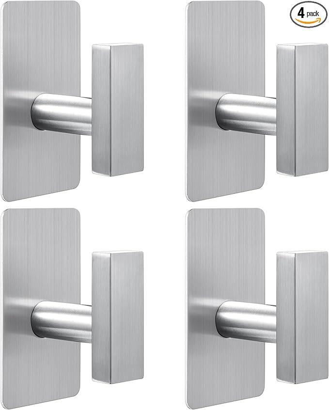 JAAWAN (4-Pack) Adhesive Towel Hooks for Bathroom, Stainless Steel Heavy Duty Sticky Wall Hooks for Bathroom Kitchen Hanging Towels, Coats, Clothes (Brushed Nickel)