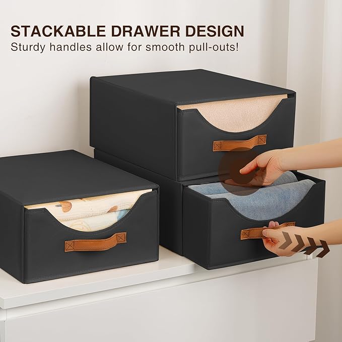 Stackable Storage Drawers - Large Collapsible Storage Bins with Drawers, 6 Pack Closet Shelf Organizer Basket, Fabric Pull Out Organizer for Bedroom, Living Room, Dorm, Black