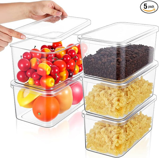 5 Pack Clear Storage Bins With Lids, Stackable Refrigerator Organizers Durable Plastic Food Containers Box for Pantry Cabinet Kitchen Fridge Fruits Vegetables Bathroom Small Items