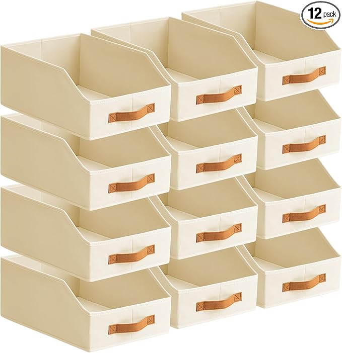 Fabric Storage Bins for Organizing - 12 Pack Large Trapezoid Collapsible Storage Bins with Front Handle, Closet Organizers and Storage for Bedroom, Home Shelves, Small Spaces, Beige