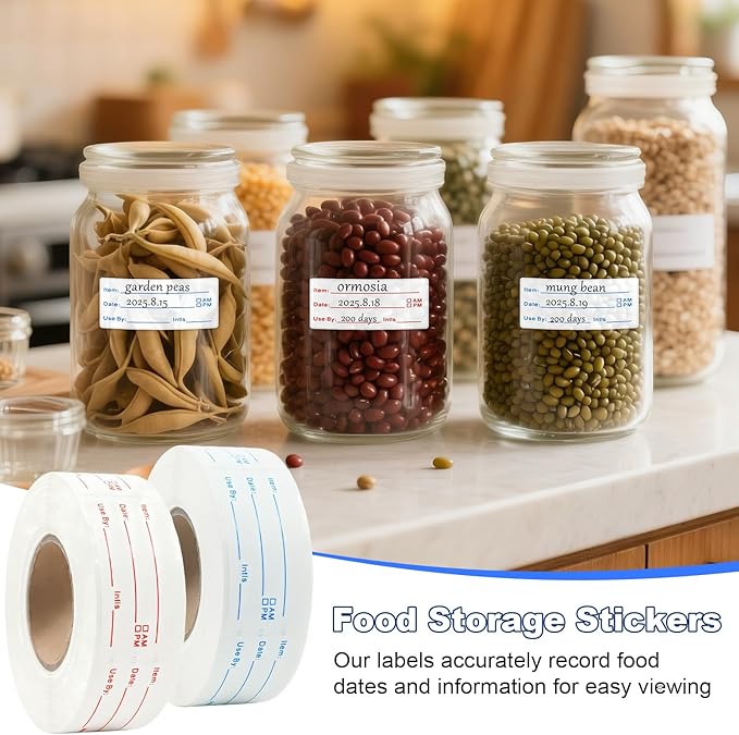 Sinoome 1200 Pieces Removable Food Labels Stickers, 2 Rolls 1x2 Inch Freezer Labels for Food Containers, No-Residue, Easy Clean, Waterproof & Oil-Resistant Food Storage Labels for Kitchen Restaurants