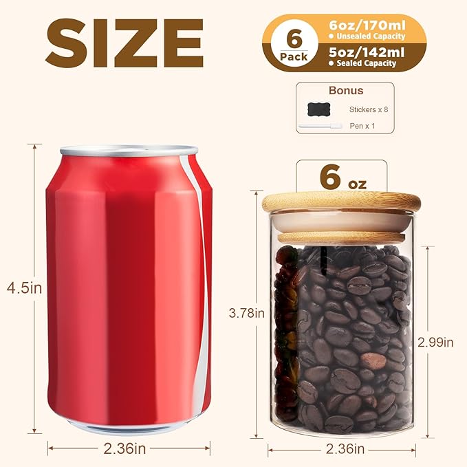 6oz Glass Food Storage Jars, Glass Jars with Bamboo Lids, Kitchen Storage Jars, Set of 12, Canisters with Airtight Lids for Spice, Coffee, Cookie, Pantry Organizers
