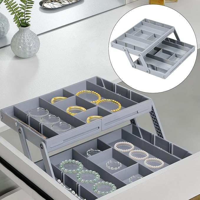 2/3 Tier Drawer Organizer, Collapsible Multi Level Drawer Organizer Tray, Expandable Bathroom Desk Drawer Organizer Trays, Adjustable Compartments Storage Trays for Jewelry