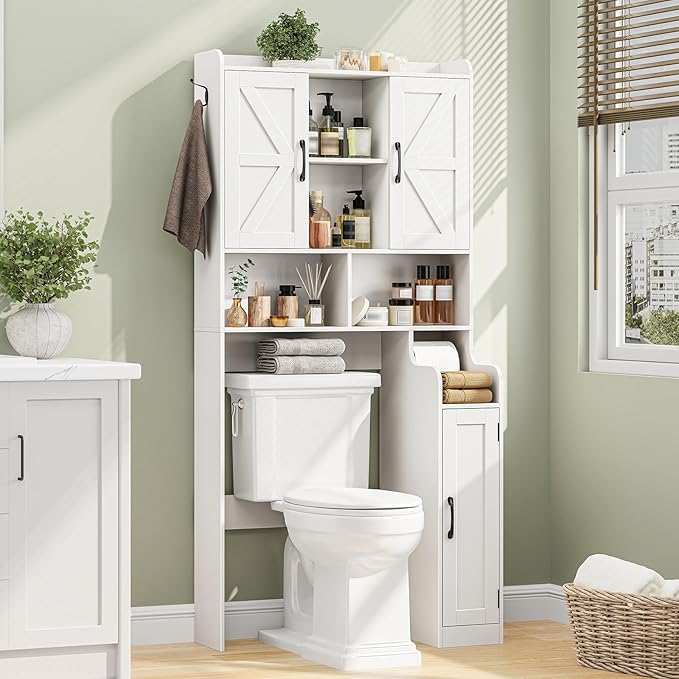 Over The Toilet Storage Cabinet, Bathroom Over Toilet Storage Organizer with Barn Doors and Paper Holder Stand Farmhouse Space Saving Rack Cabinet with Adjustable Shelves for Bathroom, Laundry (White)