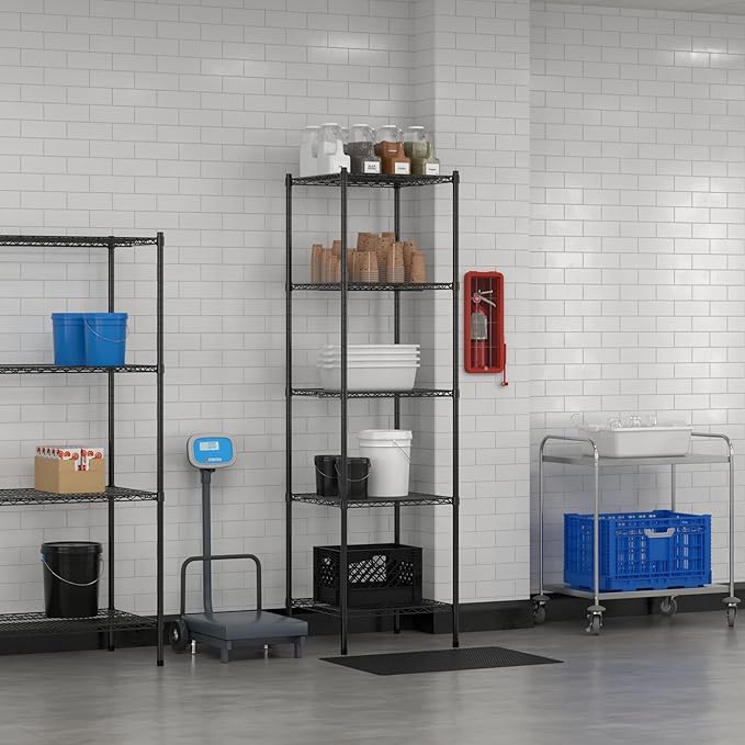 Commercial NSF Listed Black Epoxy Stationary Wire Shelving Kit 24" x 24" x 86", with 5 Shelves Perfect for Warehouse, Walk-in Refrigerator, Freezer, Grocery Store, Restaurant, Dishroom