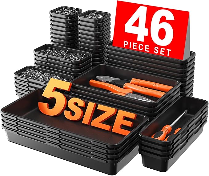 A-LuGei【𝟰𝟲𝗣𝗖𝗦 & 5 Size Tool Box Organizer Tray Divider Set, 【Black】 Bathroom Drawer Organizer Bin, Garage Organization and Storage Toolbox Rolling Tool Chest Cart Cabinet WorkBench Small Part