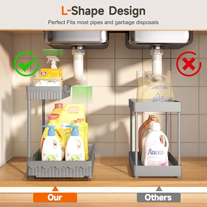 3 Pack Multi-Purpose Under Sink Organizers and Storage, 2025 L-Shaped Pull Out Cabinet Organizer for Bathroom & Kitchen, Under Cabinet Organizer with Hooks Hanging Cup, Grey