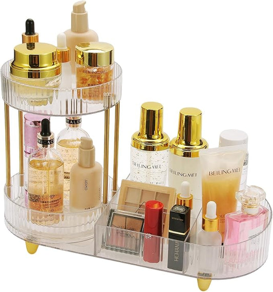 Makeup Organizer Rotating Perfume Tray 5-compartment Cosmetic and Skincare Organizers Makeup Brush Holder for Bathroom Vanity Bedroom Counter Countertop (Transparent-Golden Foot Mat)