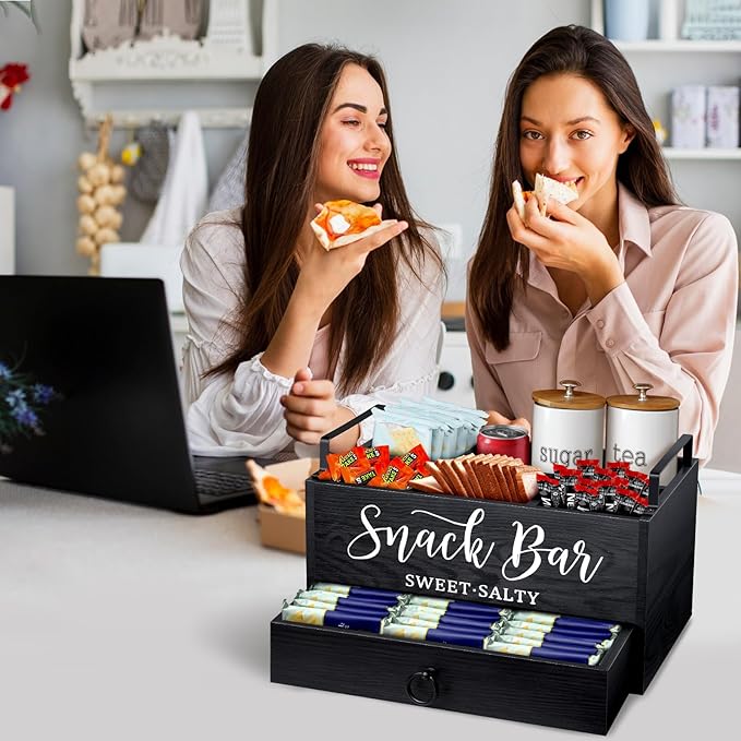 Snack Organizer for Countertop, Wood Snack Basket Snack Tray with Handles, 5 Compartment Pantry Storage Bins with Drawer, Food Container Snack Box for Snacks, Chips, Packets