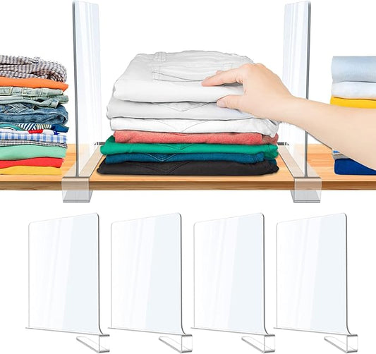 Acrylic Shelf Dividers, Clear Shelf Divider for Closet Organization, Closet Shelf Separators for Sweater/Handbag, Wood Shelves Organizers in Bedroom, Kitchen, Office, Cabinets, Bathroom Storage (4PCS)