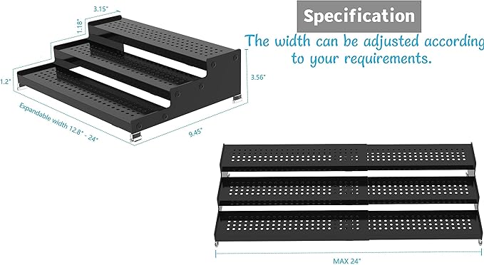 Metal Spice Rack Organizer for Cabinet, 3 Tier Expandable Spice Storage shelf, Great for Kitchen Cabinets, Cupboard,Pantry and Countertop More,Metal plate with hole(2PACKS/BLACK)