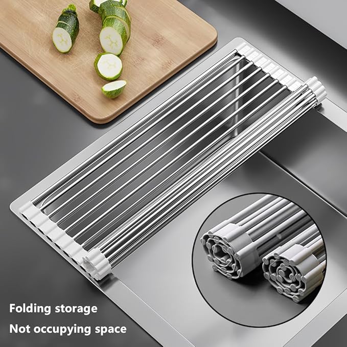 Roll Up Dish Drying Rack Over Sink Drying Rack Sink Cover Kitchen Sink Accessories Multipurpose Organizer Foldable Stainless Steel Drainer (15 Rods)