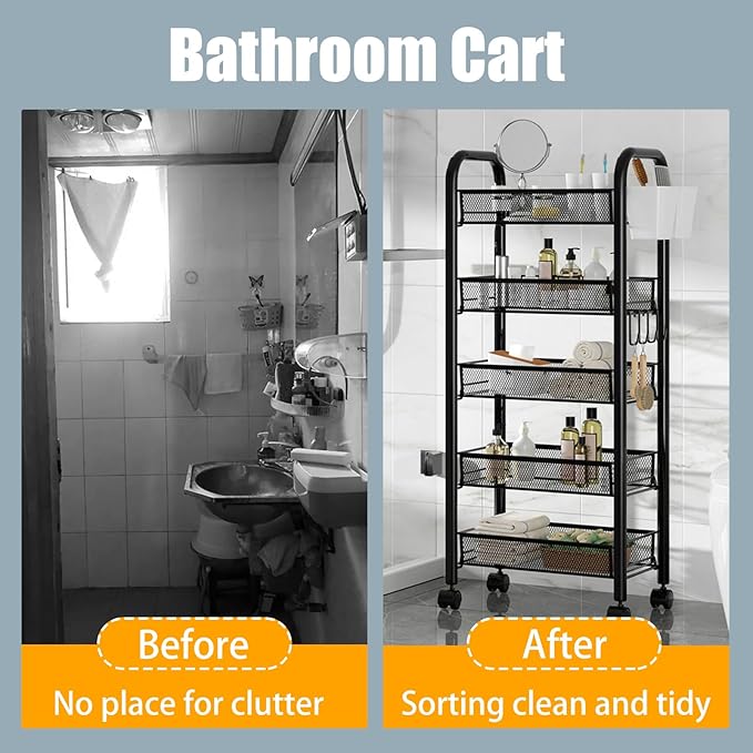 Fruit Vegetable Basket Storage Cart 5 Tier Snack Cart Stackable Metal Mesh Vegetable Organizer with 360 Degree Wheels 41 Inch High for Kitchen Bathroom Pantry Organizers and Storage Black