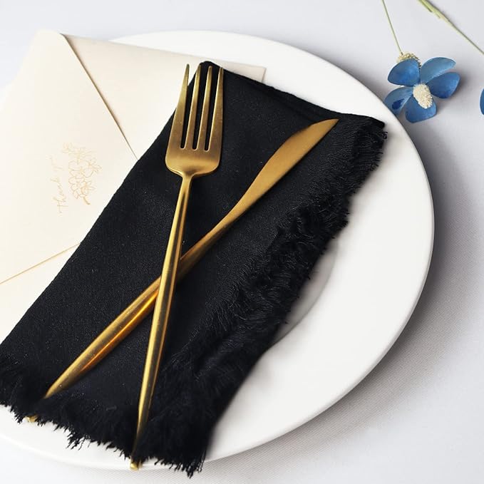 Handmade Cloth Napkins with Fringe,18 x 18 Inches Cotton Linen Napkins Set of 6 Versatile Handmade Square Rustic Fringe Napkins for Dinner, Wedding and Parties, Black