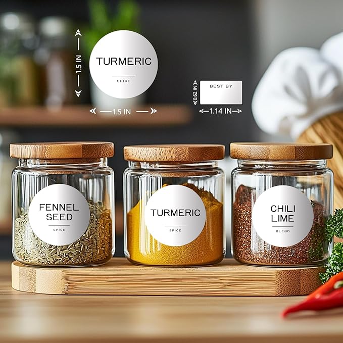 245 Spice Jar Labels - Round Preprinted Minimalist Waterproof Stickers for Kitchen Jars, Herb & Seasoning Labels for Pantry Organization (White)