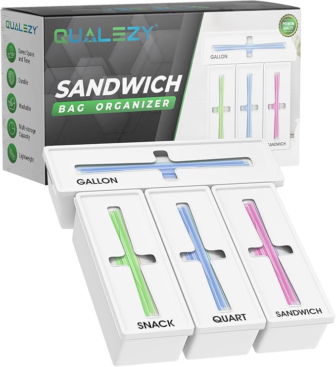 Storage Bag Organizer for Kitchen- Baggie Drawer Organizer & Plastic Food Storage Bags Holder- Compatible with Gallon, Quart, Sandwich, Snack Bags, Freezer, Slider Bags-4 Separate Pieces White