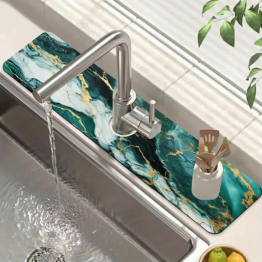 Green Marble Sink Splash Guard Faucet Mat Liquid Gold Marble Super Absorbent Fast Drying Mat Sink Gadgets-Splash Guard Behind Faucet Drip Catcher for Kitchen Bathroom, 23.5"x5.5"