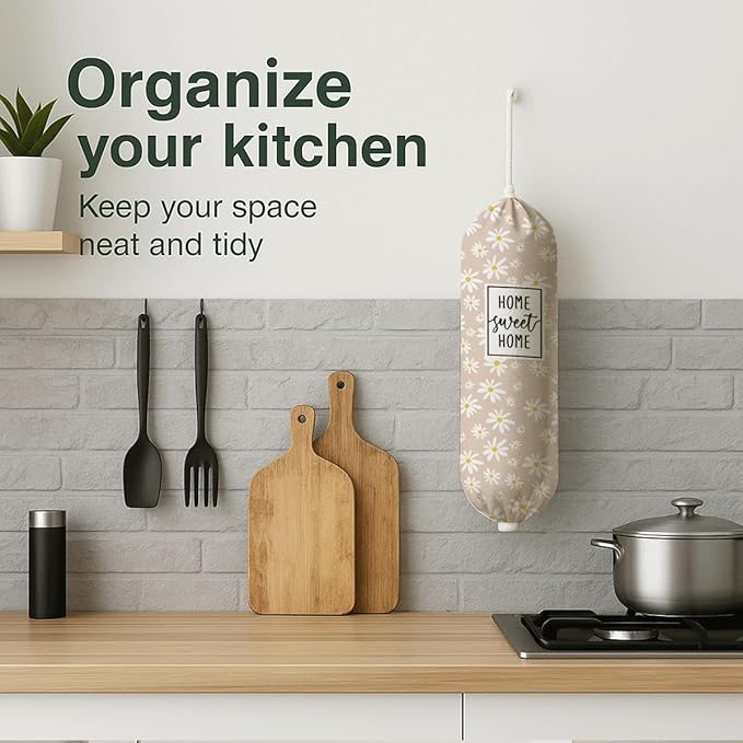 Plastic Bag Holder, Home Sweet Home Plastic Bag Holder for Kitchen Essentials, Daisy Bags Holders for Plastics Bags Groceries Store, Floral Reusable Plastics Sack Storage Dispenser forKitchen Decor