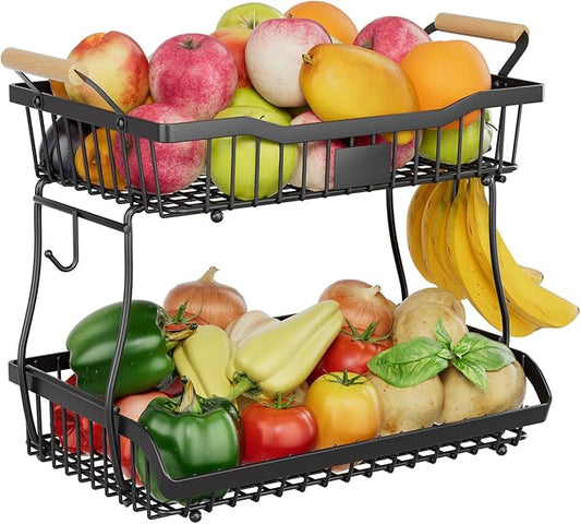 Simple Trending Fruit Basket 2-Tier Detachable, with Banana Hangers & Rust-Proof Metal Mesh, Ventilated Kitchen Organizer for Countertop, Perfect for Fruits, Vegetables, Snacks Storage