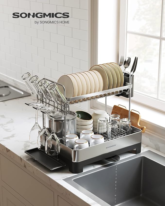 SONGMICS Dish Drying Rack - 2 Tier Dish Rack for Kitchen Counter with Rotatable and Extendable Drain Spout, Dish Drainer with Utensil, Cup, Glass, Cutting Board Holders, Black UKCS032B01