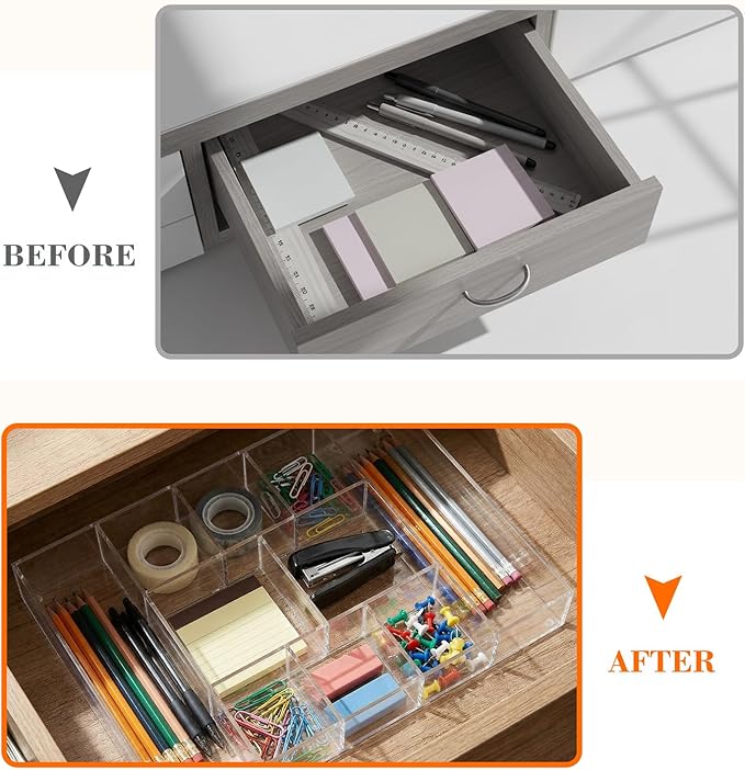 Clear Acrylic Desk Drawer Organizer Storage Tray Organizer for Pens, Stationery, Desktop, Office, Bathroom, Kitchen, Makeup Supplies(10 Compartments)