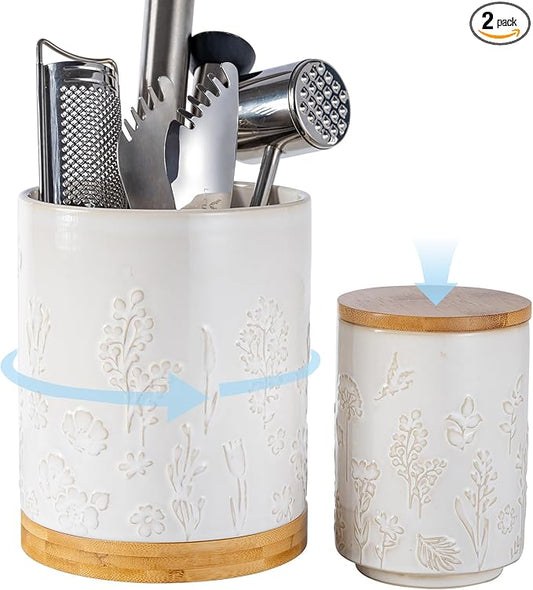 TEATALK Utensil Holder Set of 2, 7.7"+5.7" Ceramic Kitchen Utensil Holder for Countertop, Farmhouse Vintage Utensil Crock for Cooking Utensils, Large Utensil Organizer (Flower Butterfly)