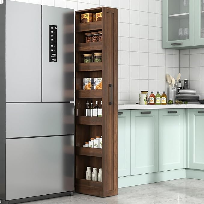 7 Tier Slim Pull Out Storage Cabinet, Narrow Mobile Shelf Organizer, Walnut Freestanding Slim Storage Tower Between Refrigerator & Counter, Utility Cart for Kitchen Dining Room Small Spaces