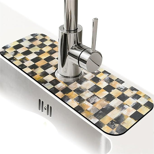Kitchen Sink Splash Guard，black and gold checkered Faucet Mat Sink Gadgets-Super Absorbent Fast Drying Mat Drip Catcher for Kitchen, Bathroom,Sink Mat, Dish Drying Mat, Bathroom(15" X 5.5" )