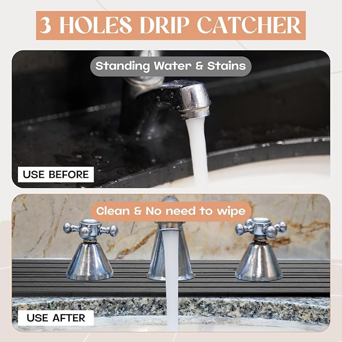 Teenyyou 3 Hole Gray Faucet Mat for Kitchen Sink 16.1" x 5" Kitchen Faucet Absorbent Mat Diatomite Splash Guard for Sink Quick Drying Stone Drip Catcher for Bathroom Counter