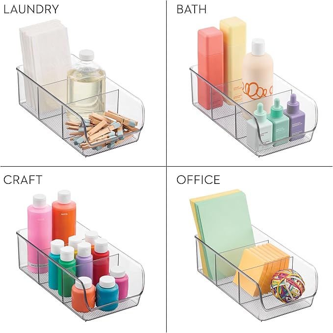iDesign Stackable 3-Section Divided Storage Bin for Pantry, Fridge, or Cabinet - Set of 2 - Clear