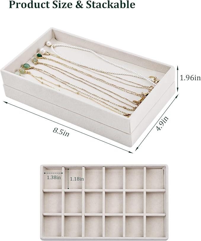 Stackable Jewelry Organizer Trays with Removable Dividers, 2-Tray Beige Jewelry Drawer Organizer Set for Earrings, Necklaces, Rings & Bracelets Gift for Her