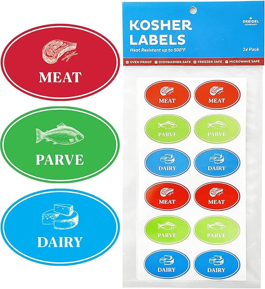 Assorted Kosher Labels, (24 Pack) 8 Blue Dairy, 8 Red Meat, 8 Green Stickers, Oven Proof up to 500°, Freezable, Microwavable, Dishwasher, English, Coded Kosher Kitchen Tools (24-Pack)