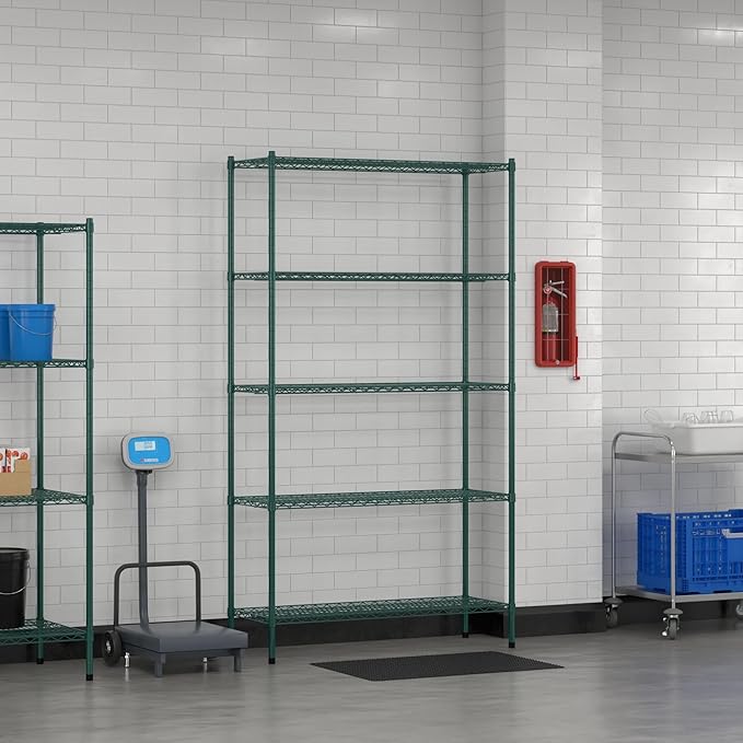 Commercial NSF Listed Green Epoxy Stationary Wire Shelving Kit 18" x 48" x 86", with 5 Shelves Perfect for Warehouse, Walk-in Refrigerator, Freezer, Grocery Store, Restaurant, Dishroom