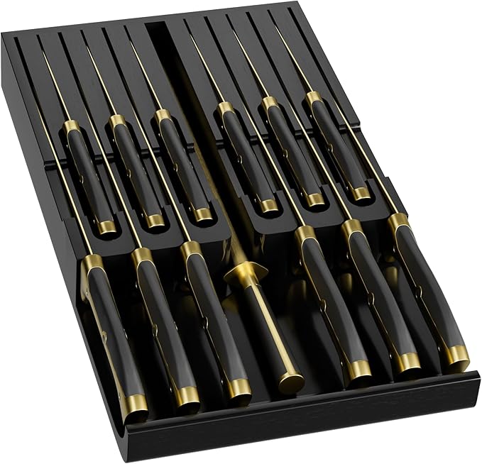 Domax Bamboo In-drawer Knife Block - Knife Drawer Organizer Insert Large Handle Steak Knife Holder, Kitchen Drawer Knife Organizer Fits for 12 knives and 1 Sharpening Steel (Not Included), Black